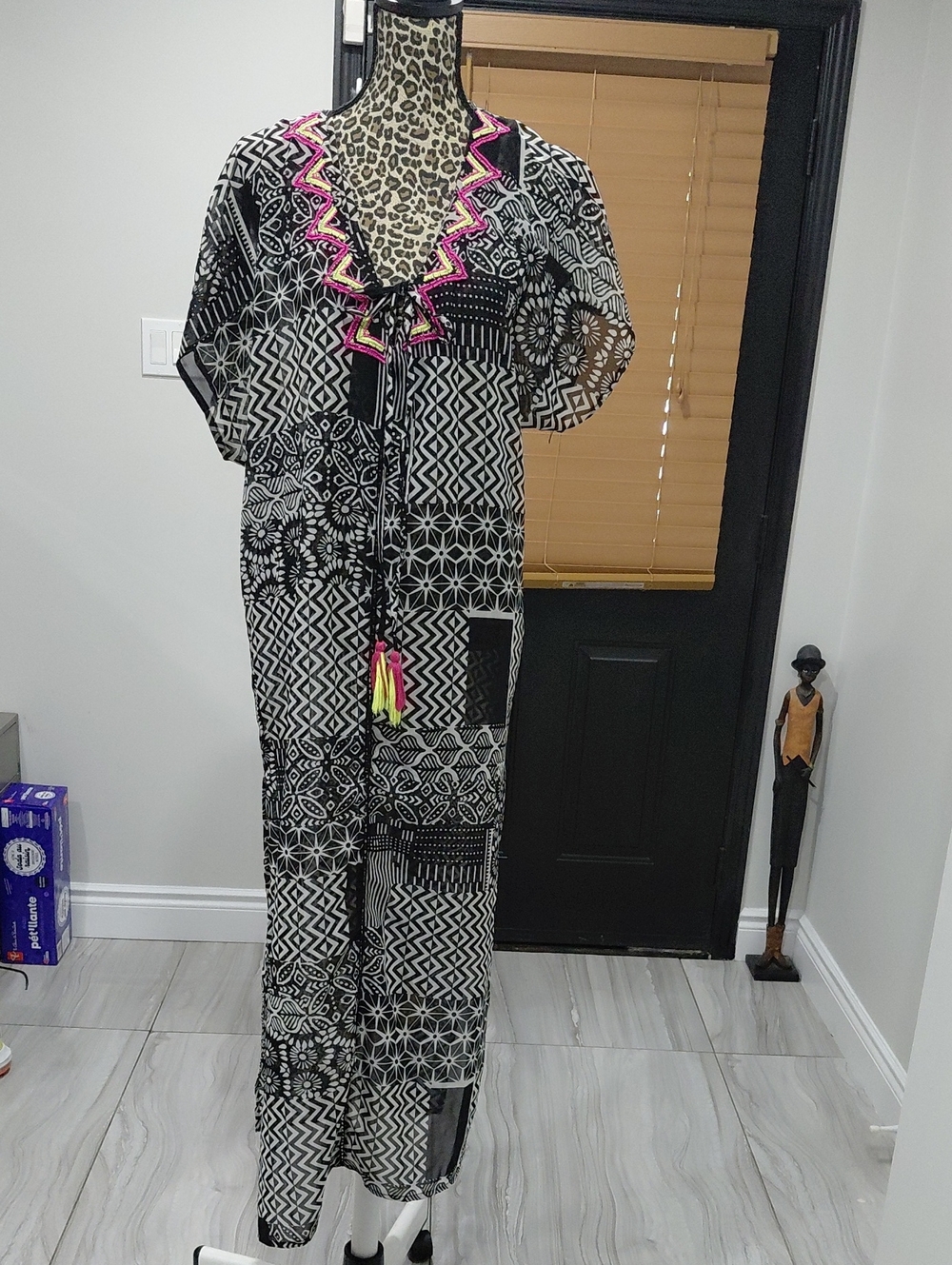 Women's Black & White Printed Coverup with Neon Trim